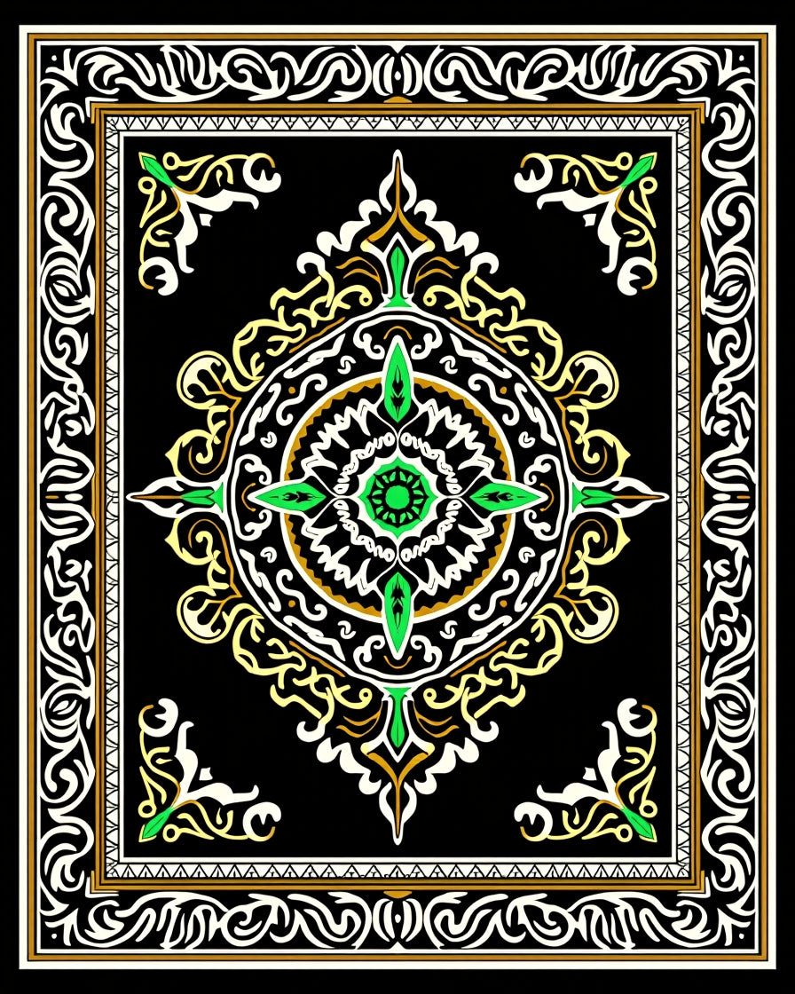 Green Floral Medallion Black Border Rug