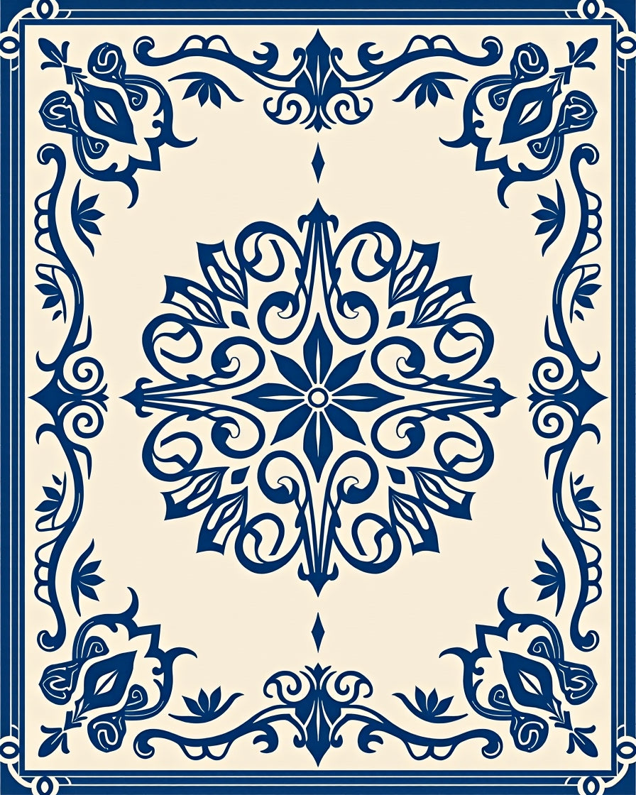 Classic Blue Ivory Scrollwork Medallion Rug