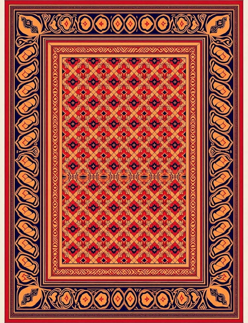 Ornate Red Orange Blue Medallion Rug