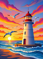 Vibrant Seagulls Sunrise Coastal Lighthouse Rug