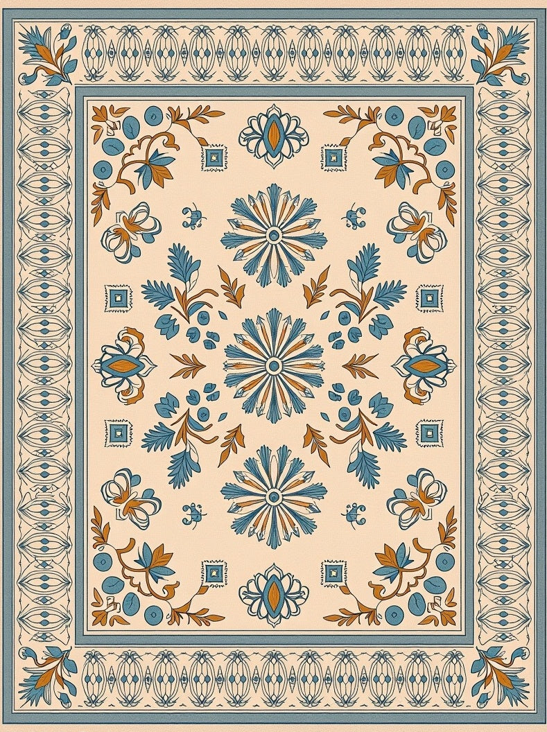 Cream Blue Floral Arabesque Rug