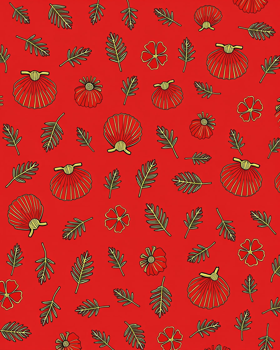 Red And Gold Tropical Floral Scallop Rug