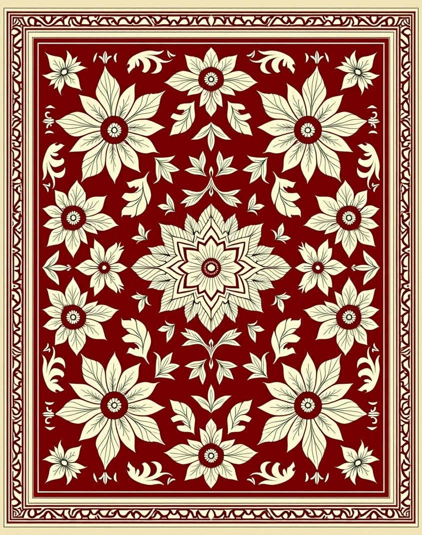 Ornate Floral Inlay Border Red Rug