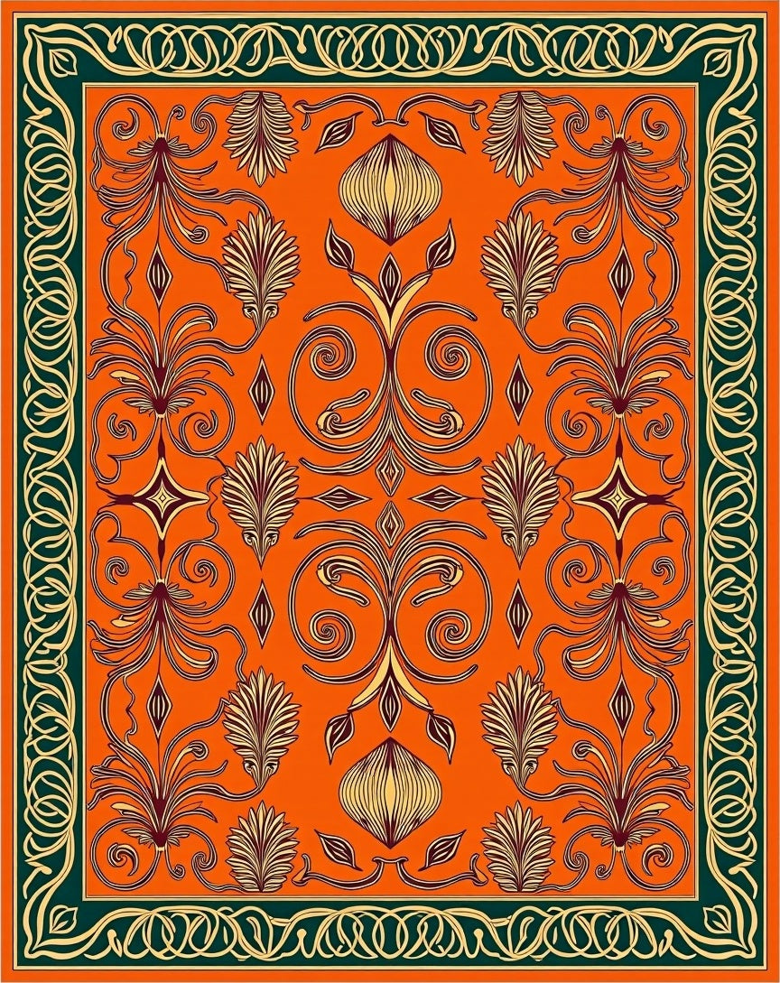 Enchanting Orange Floral Scroll Medallion Rug