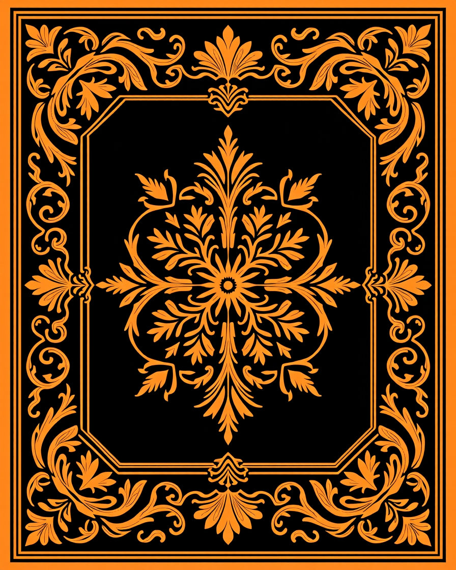 Bold Orange Floral Medallion Black Rug