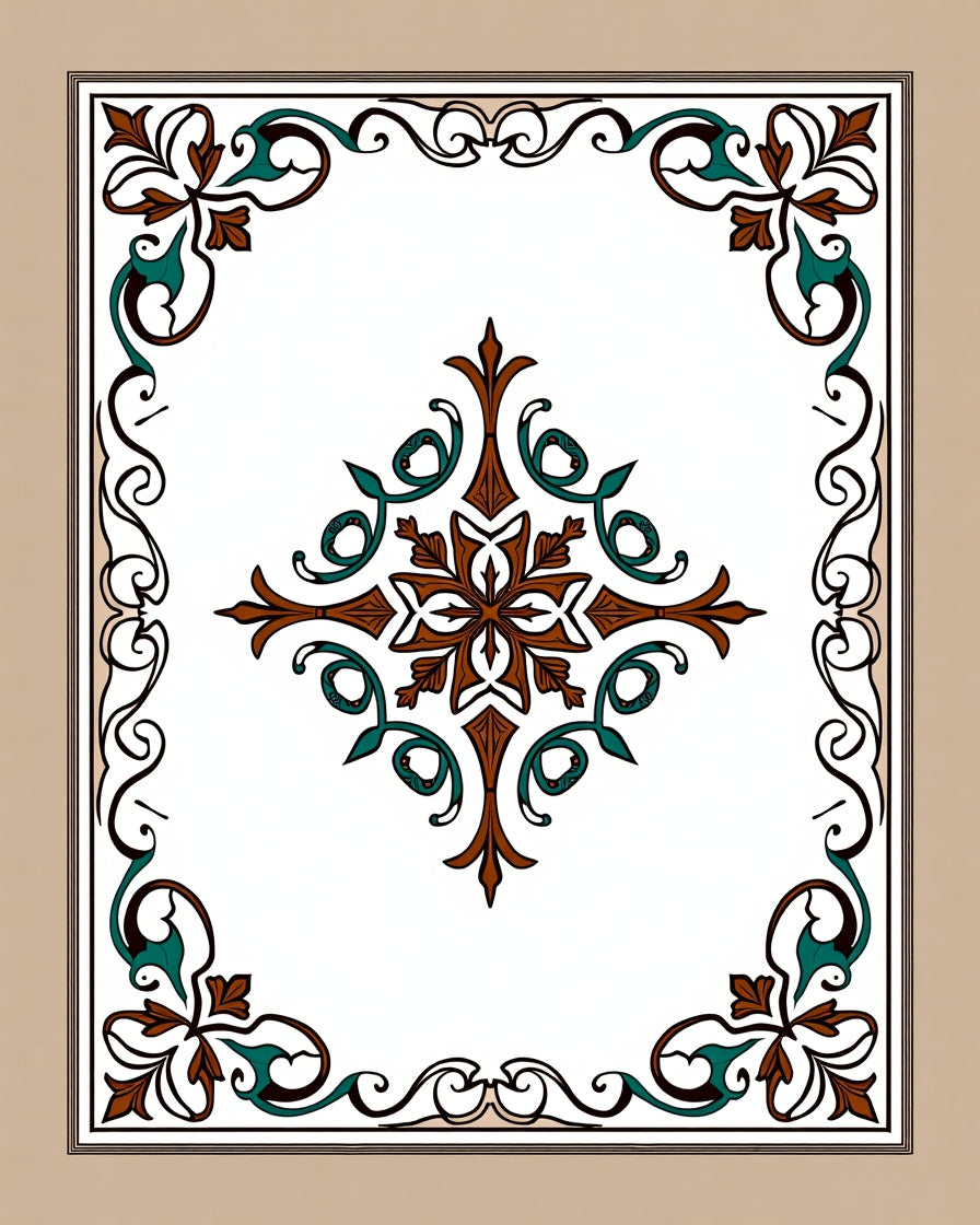 Brown Teal Floral Medallion Border Rug