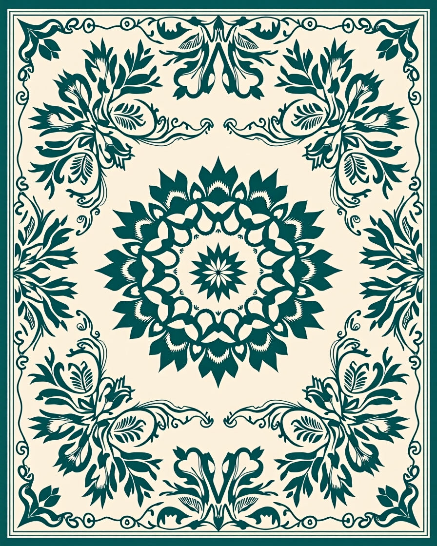Teal Floral Mandala Border Rug