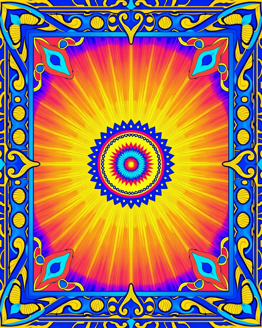 Vibrant Sunburst Mandala Blue Border Rug