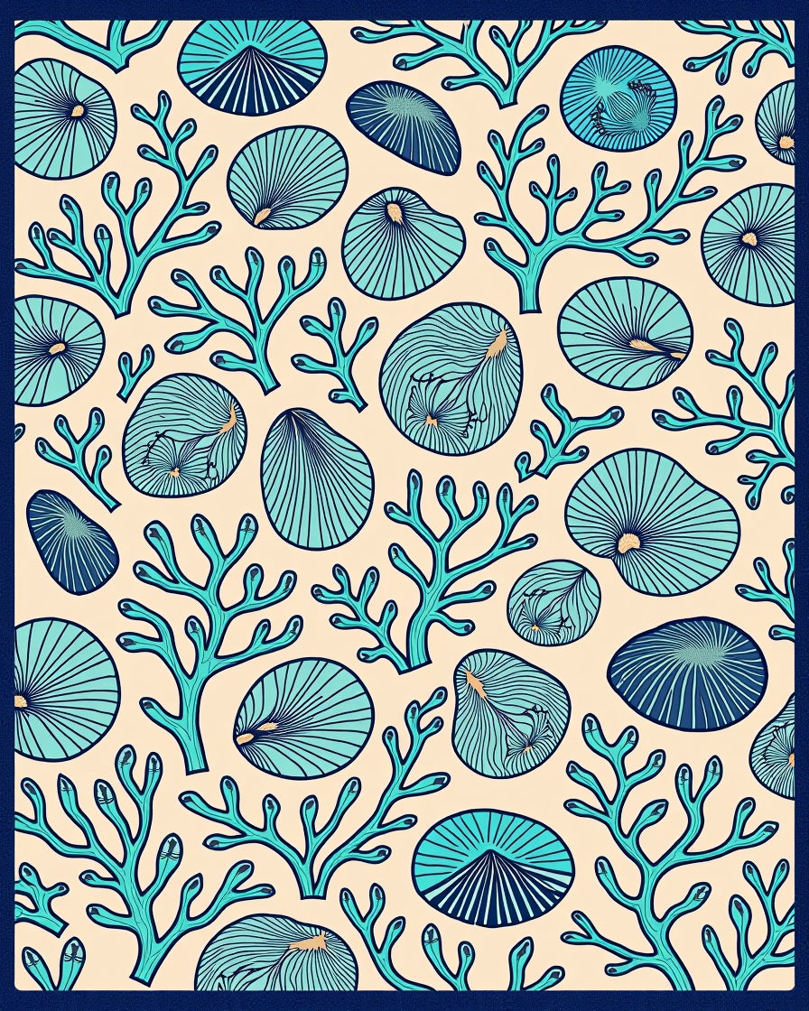 Coastal Teal Coral Shell Collection Rug