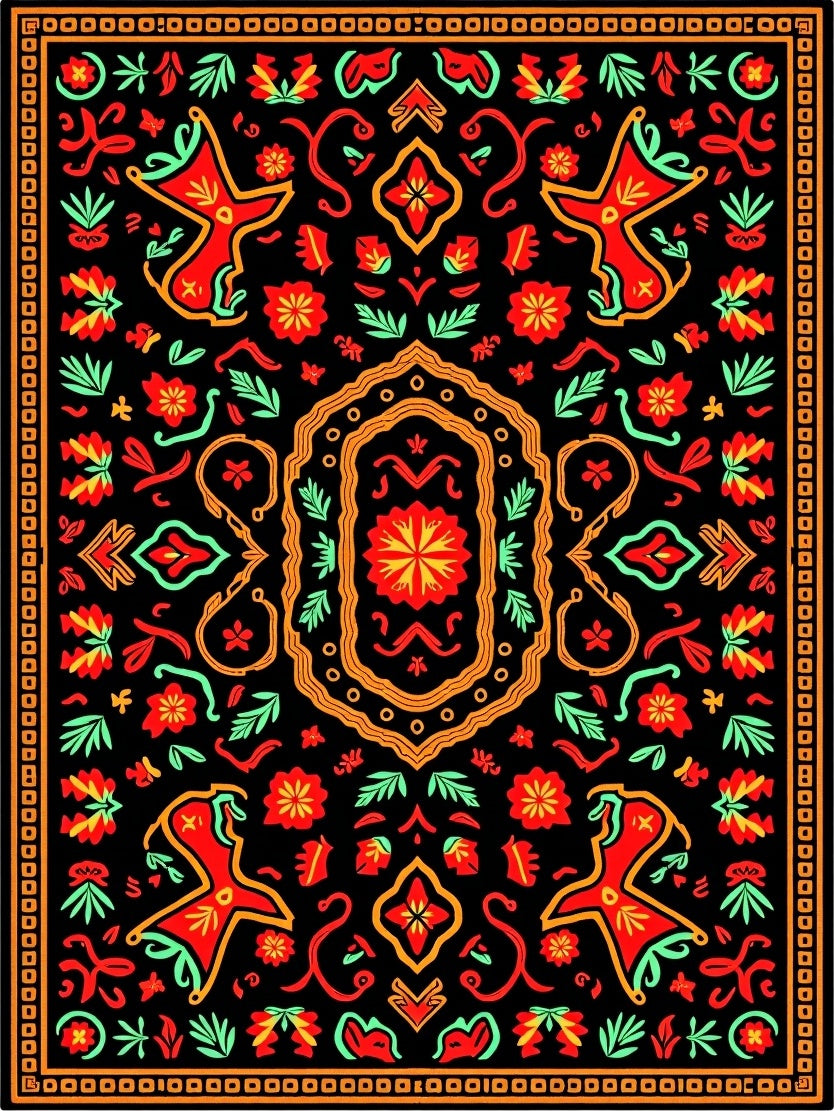 Vibrant Black Red Floral Medallion Rug