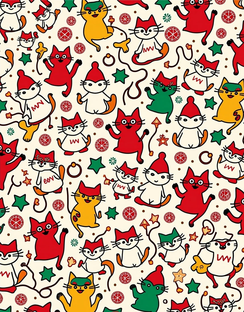 Whimsical Red White Green Cat Collage Rug