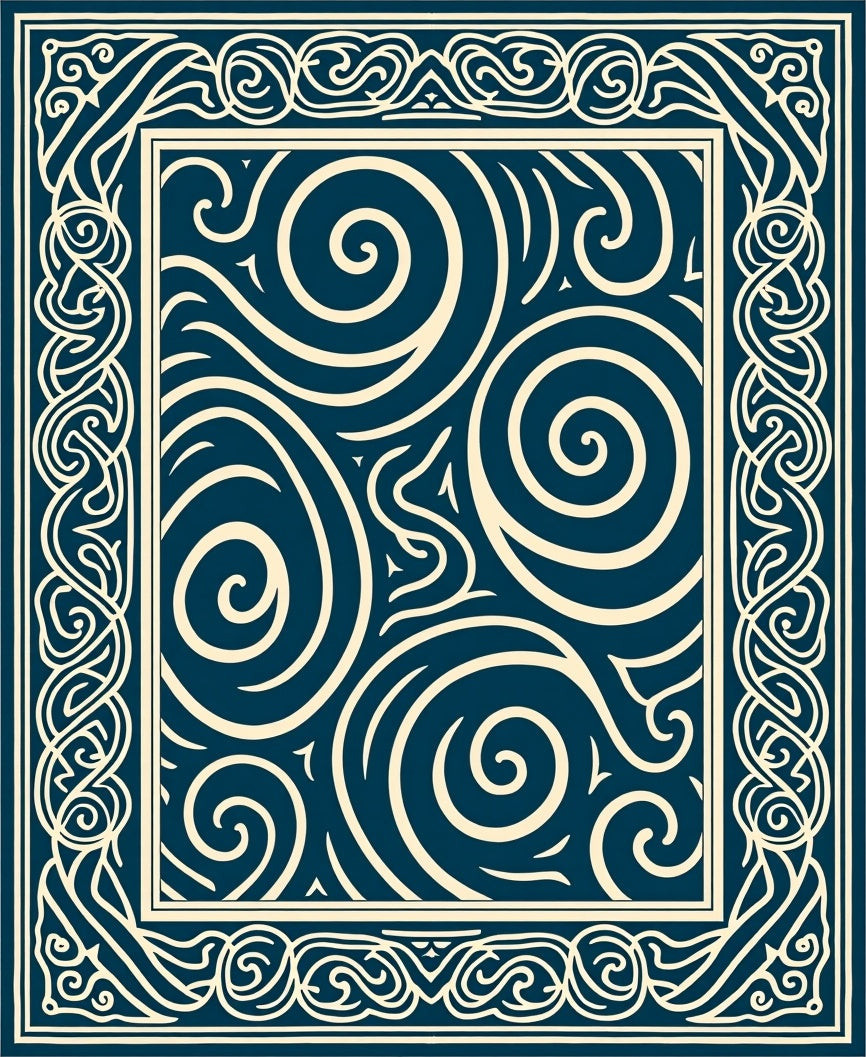 Cream Swirls Geometric Navy Framed Rug