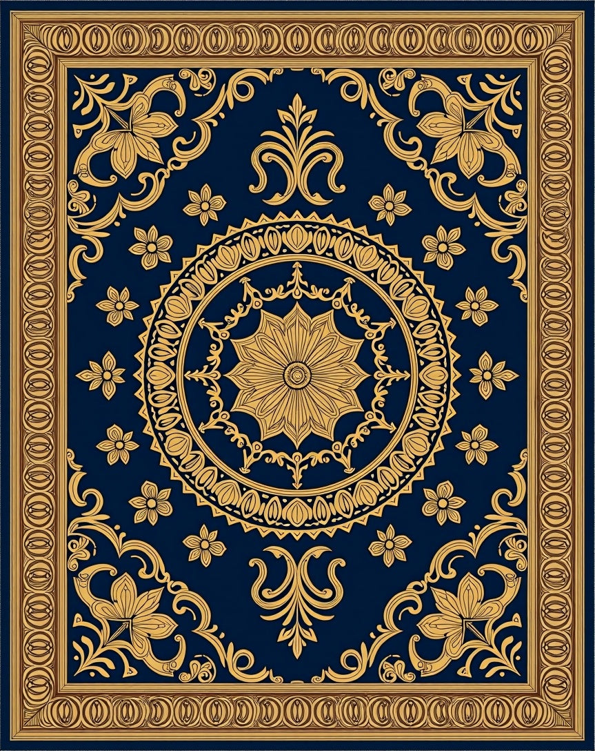 Ornate Gold Medallion Navy Rug