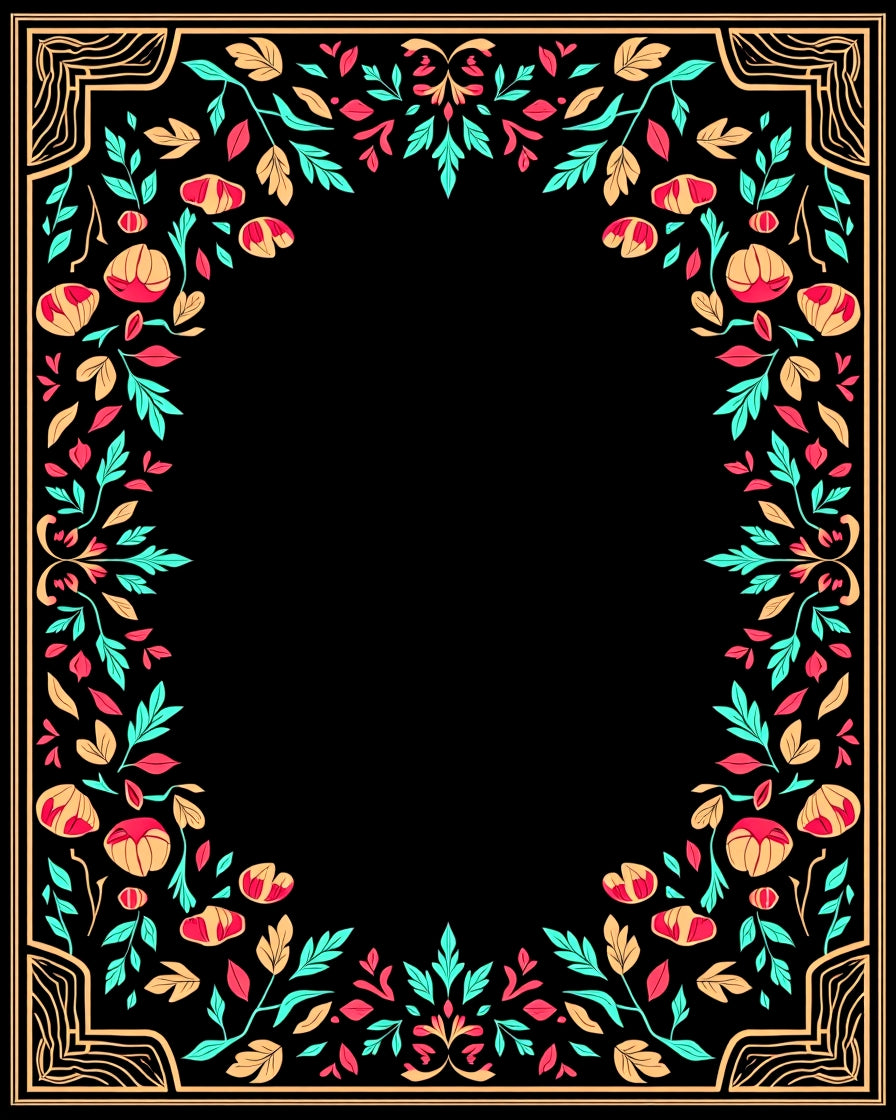 Coral Teal Gold Floral Frame Rug