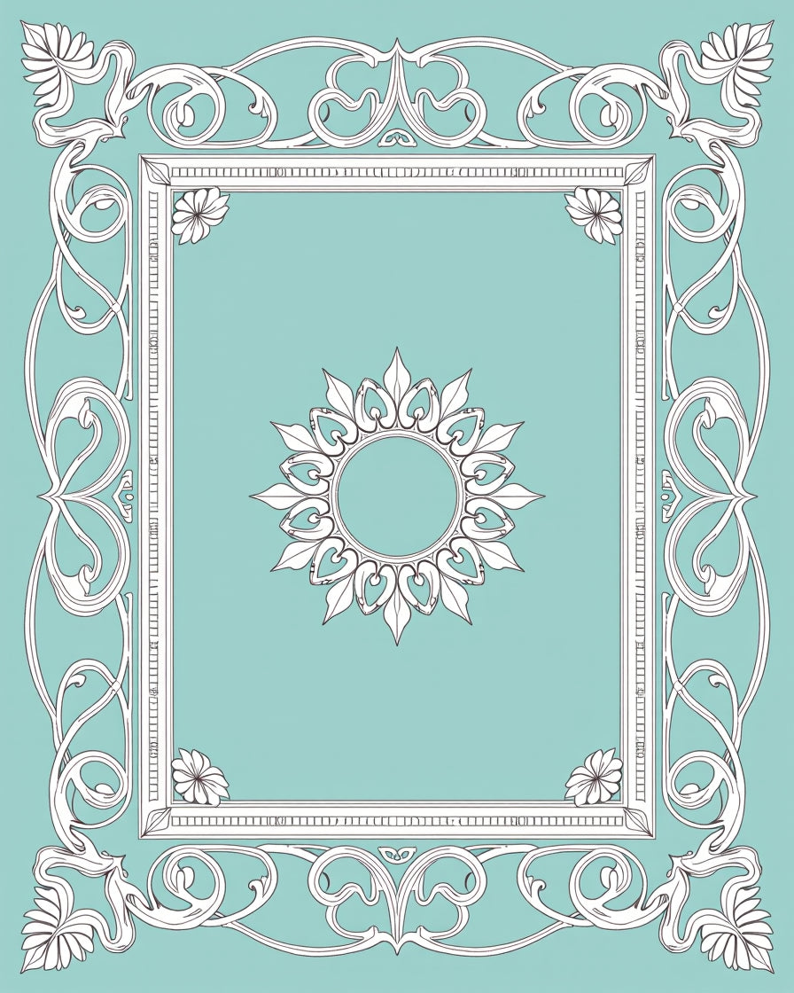 Turquoise white ornate floral frame medallion Rug