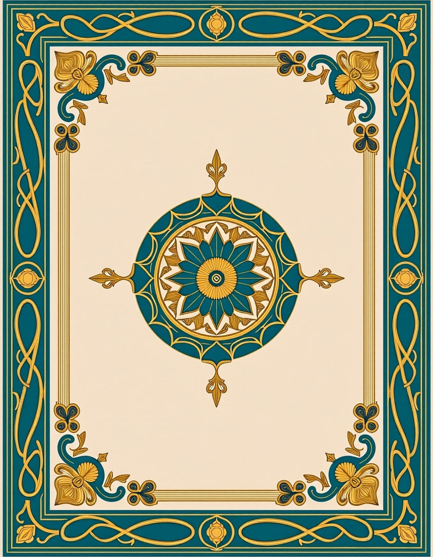 Teal Gold Floral Medallion Border Rug