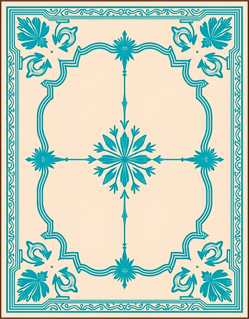 Teal Floral Medallion Cream Border Rug