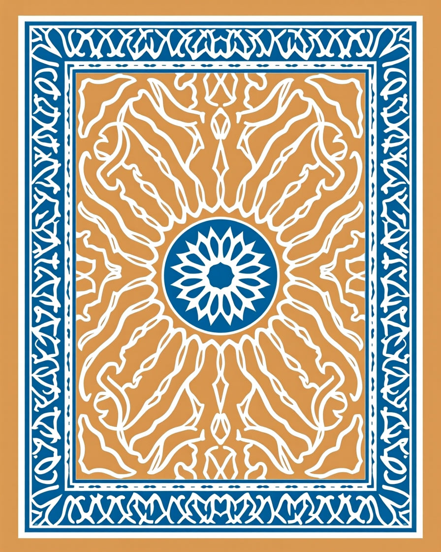 Orange White Blue Medallion Border Rug