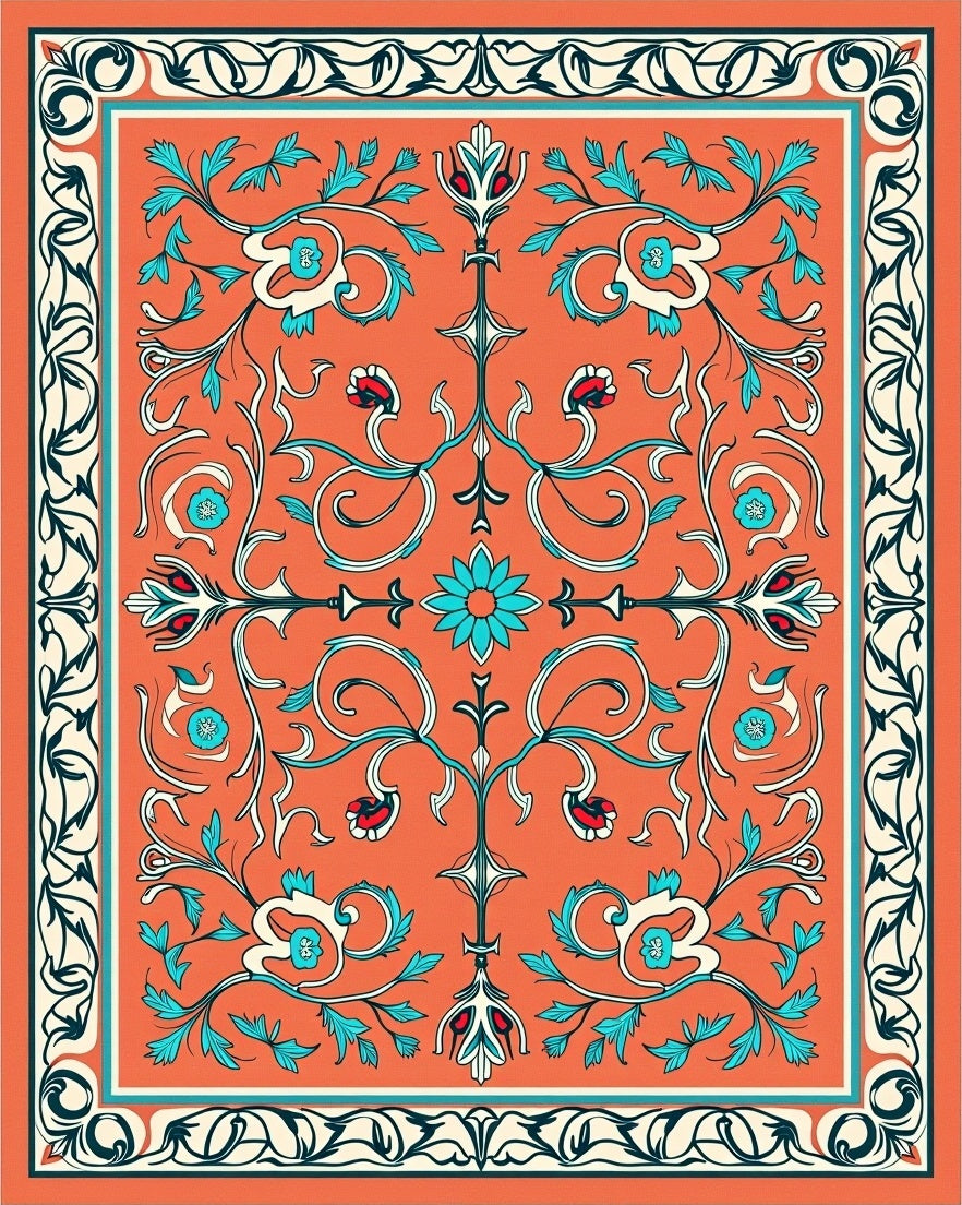 Vibrant Coral Floral Scroll Artwork Rug