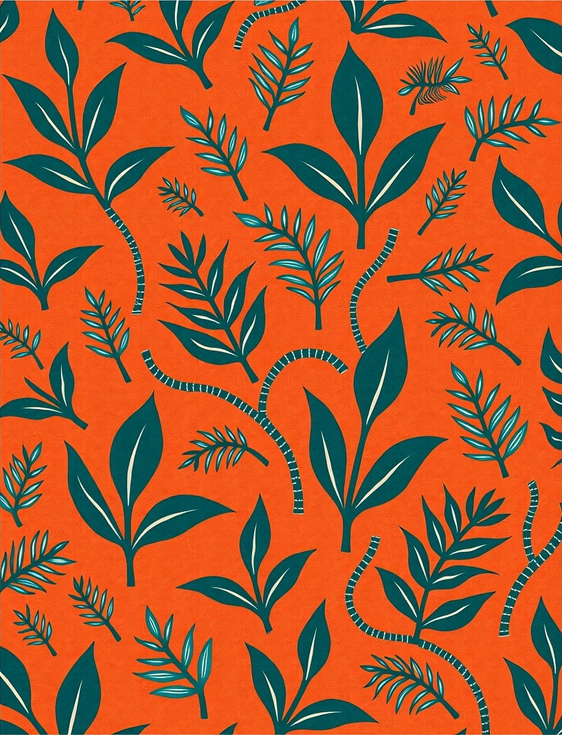 Vibrant Orange Teal Tropical Leaf Arrangement Rug