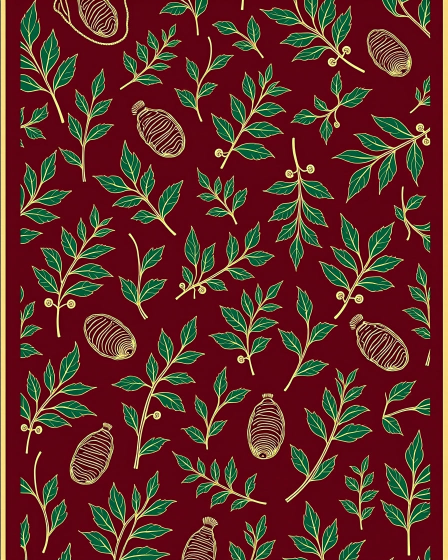 Deep Red Green Leaf Botanical Motif Rug