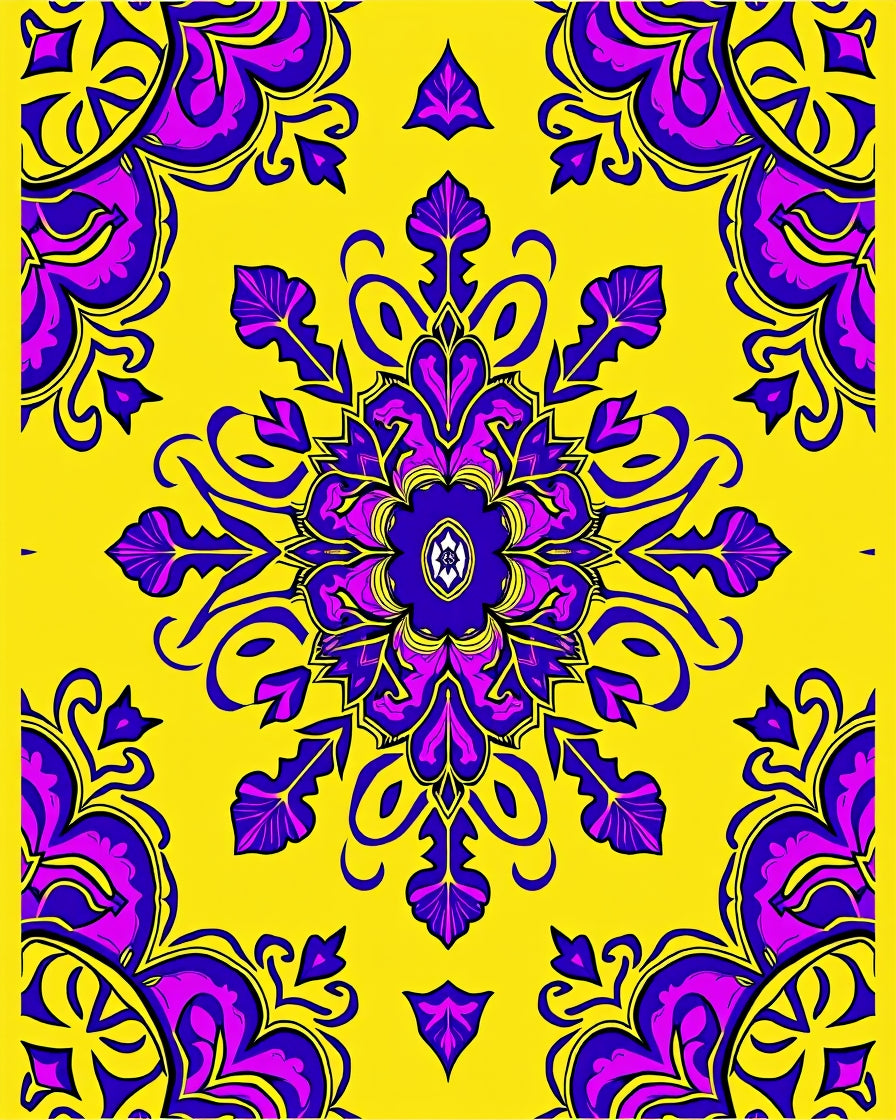 Vibrant Yellow Purple Symmetrical Floral Rug
