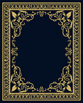 Ornate Gold Dark Blue Floral Border Rug