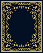 Ornate Gold Dark Blue Floral Border Rug