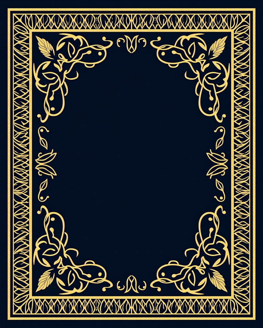 Ornate Gold Dark Blue Floral Border Rug
