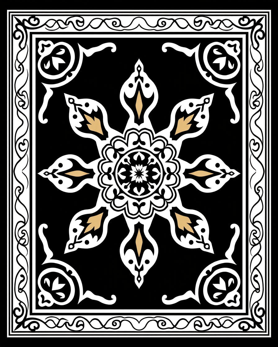 Black White Gold Floral Medallion Rug