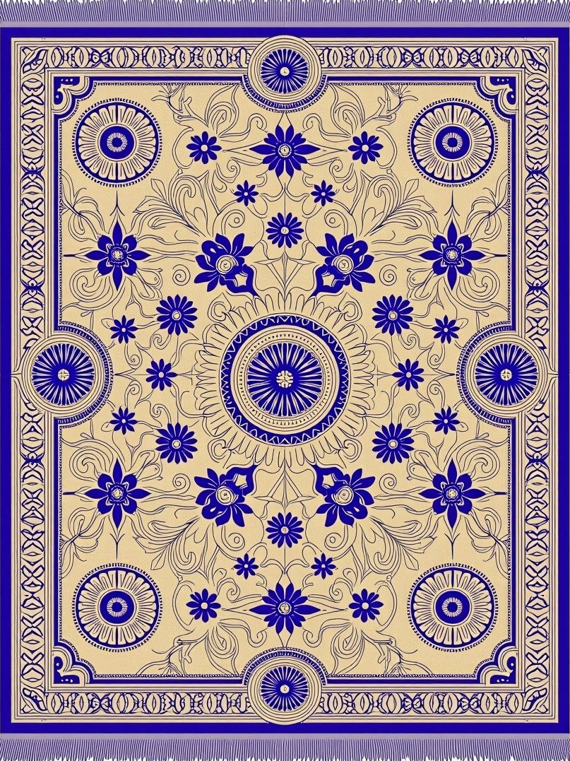 Royal Blue Floral Medallion Border Rug