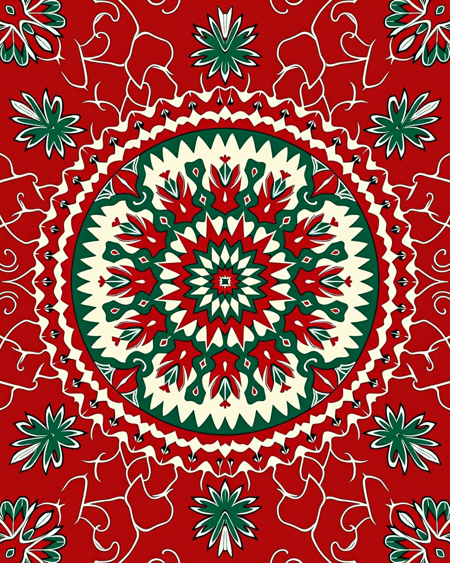 Crimson Green Floral Medallion Swirls Rug
