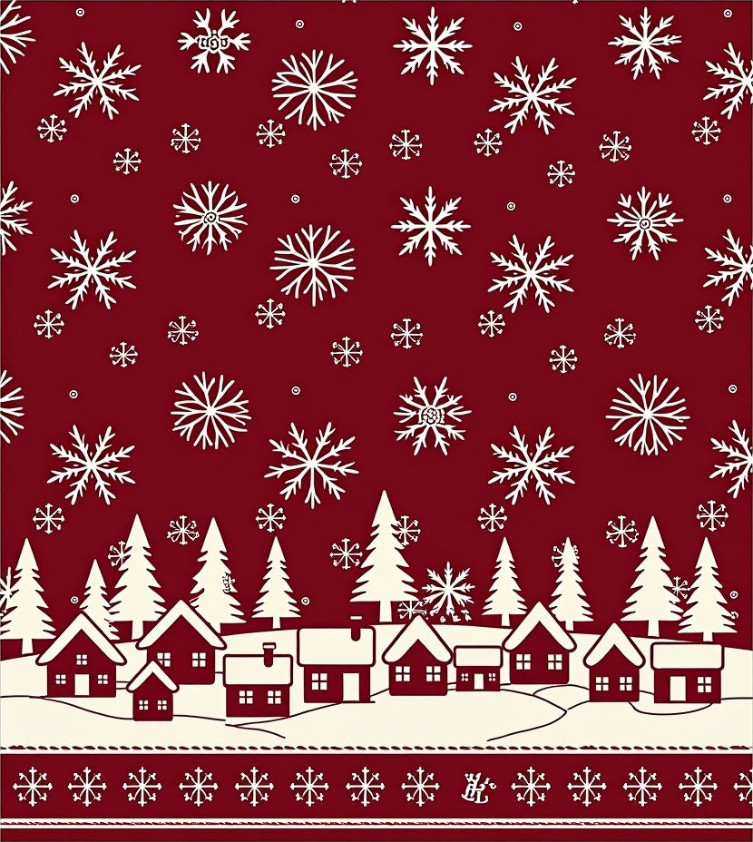 Crimson White Snowflake Village Scene Rug