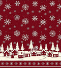 Crimson White Snowflake Village Scene Rug