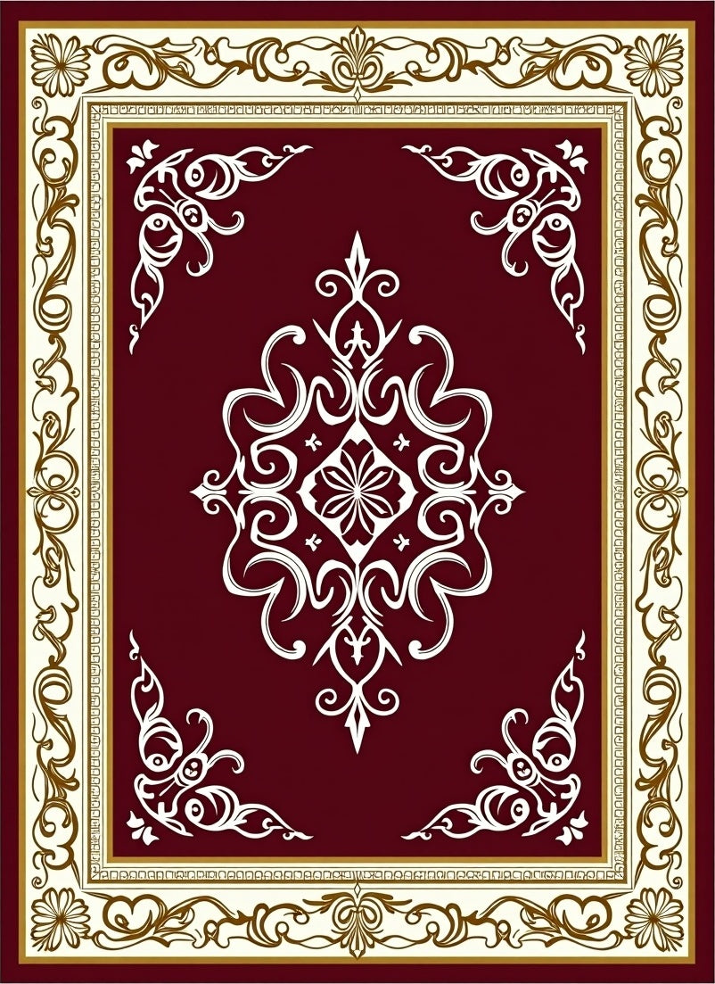 Burgundy Ivory Gold Damask Medallion Rug