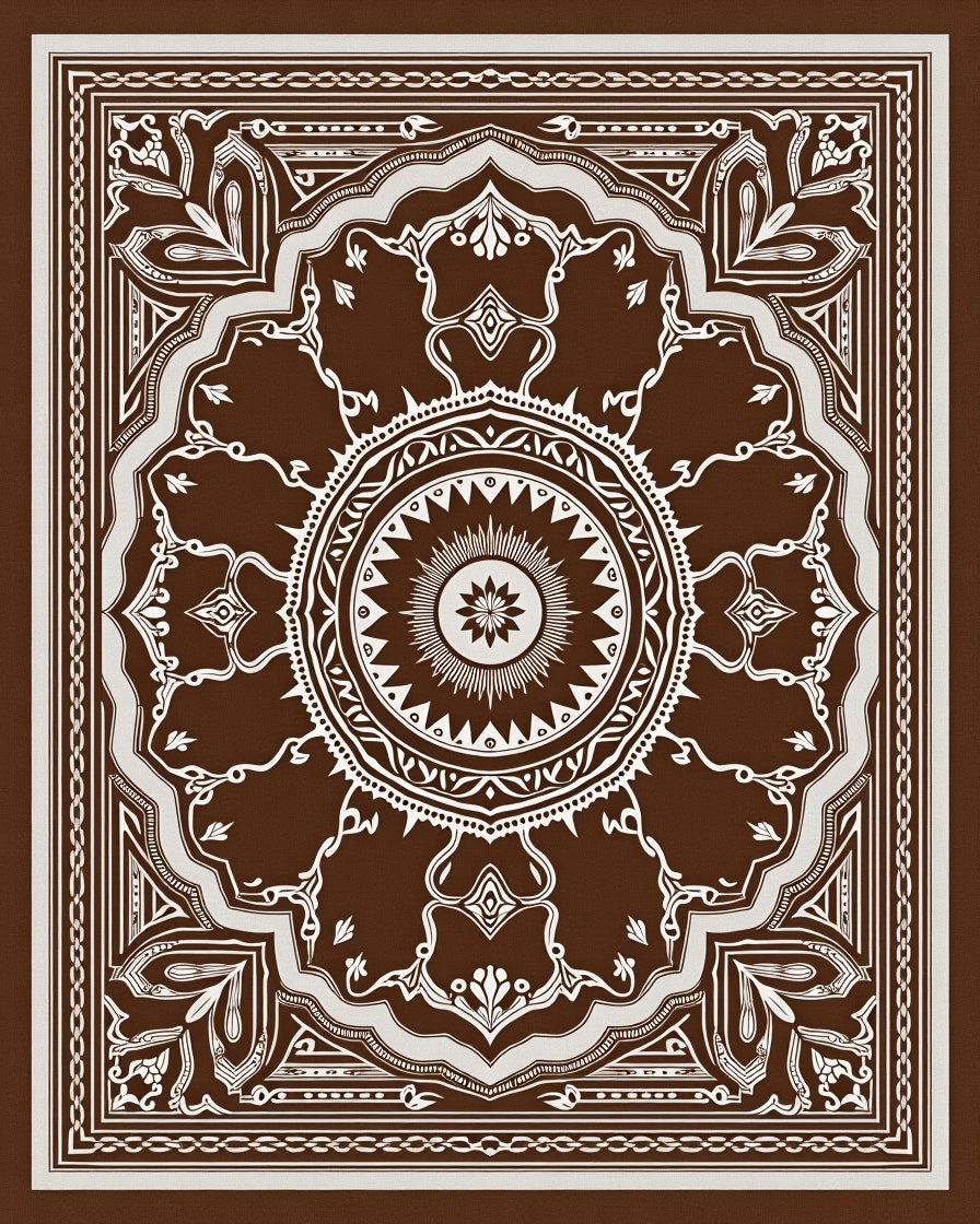 Rich Brown White Medallion Floral Rug