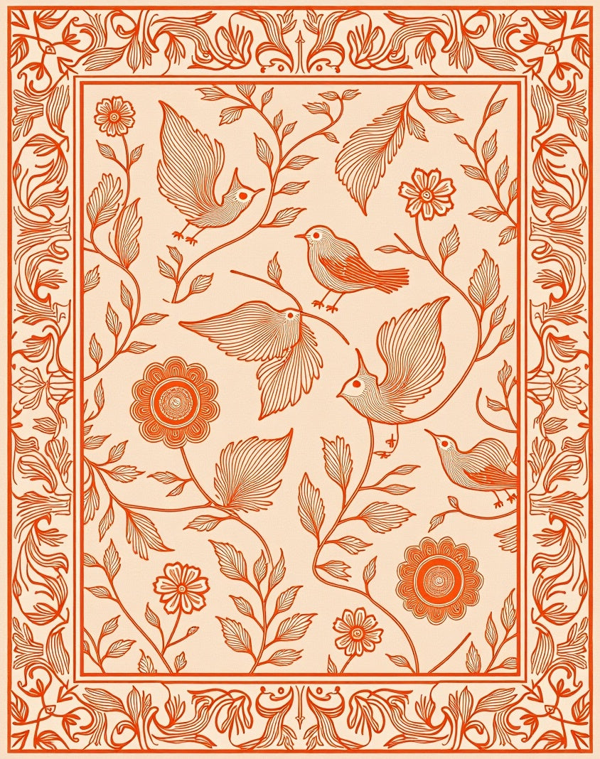 Coral Orange Avian Floral Border Rug