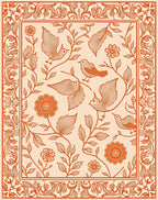 Coral Orange Avian Floral Border Rug