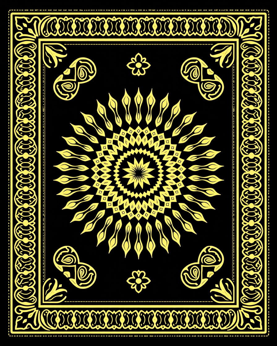 Bold Yellow Sunburst Mandala Border Rug