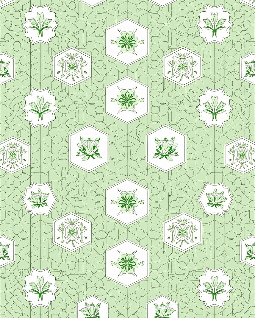 Pale Green Floral Hexagon Arrangement Rug