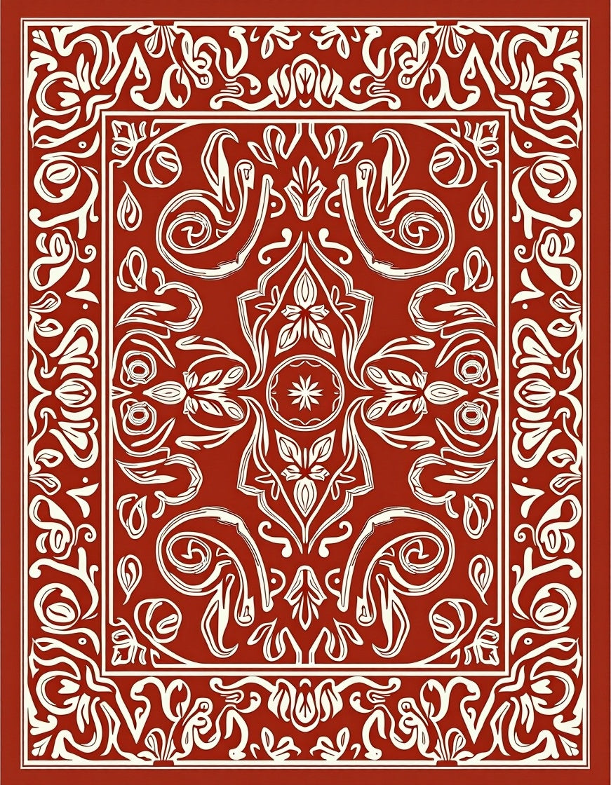 Rust Cream Ornamental Scroll Medallion Rug