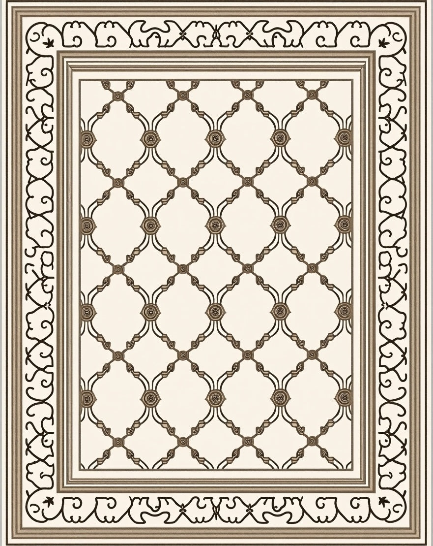 Elegant Cream Brown Lattice Border Rug