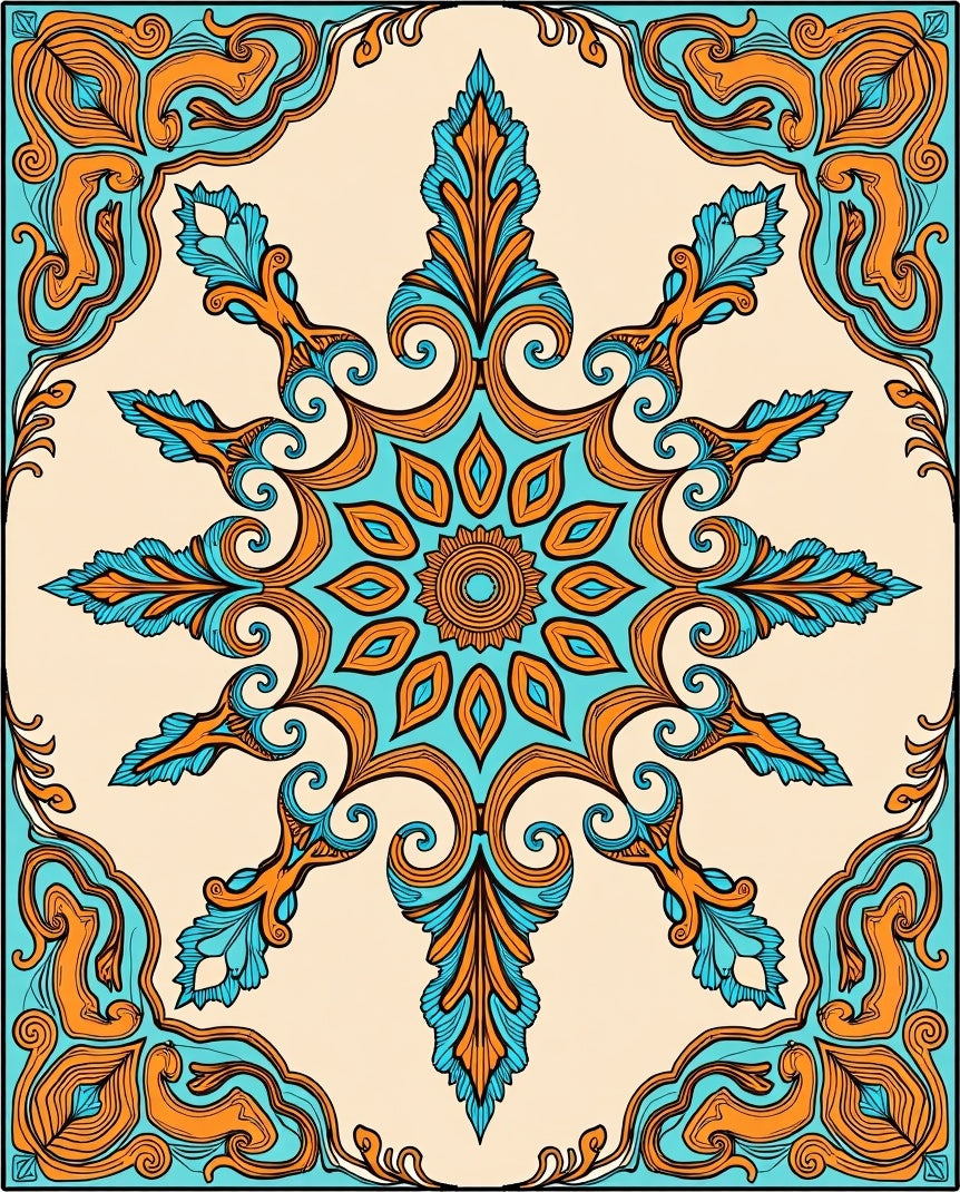Symmetrical Teal Orange Floral Medallion Rug