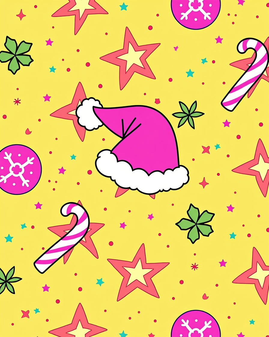 Pink Christmas Hat Stars Candy Canes Rug