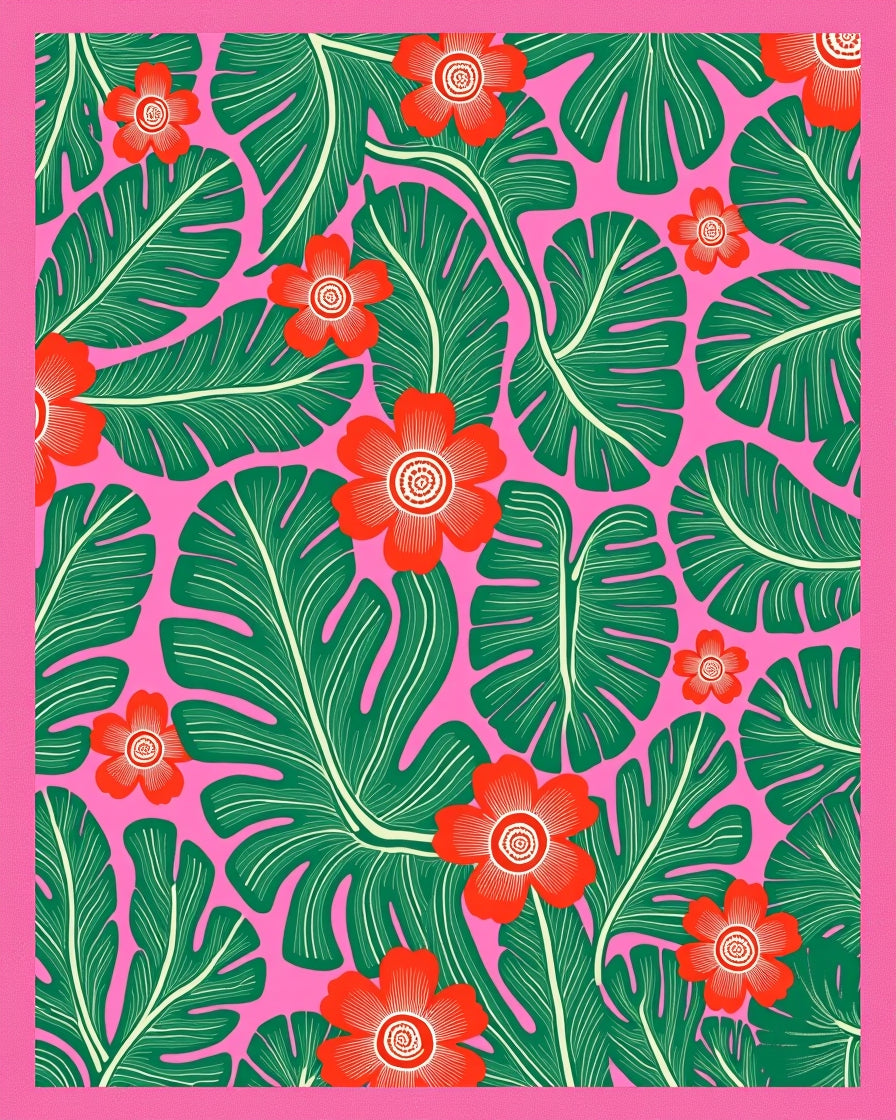 Vibrant tropical foliage with red flower accents Rug