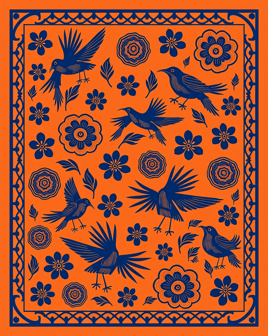Bold Blue Birds Orange Floral Folk Art Rug