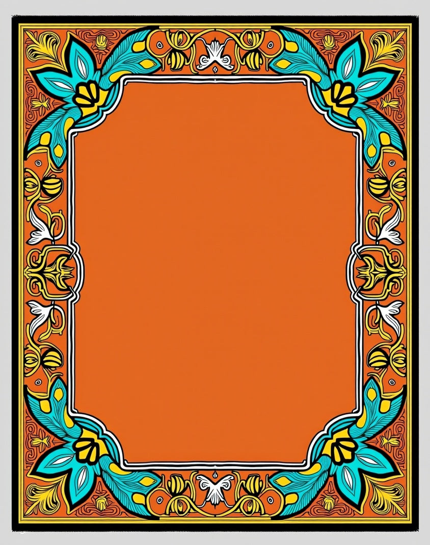Orange Teal Floral Crest Frame Rug