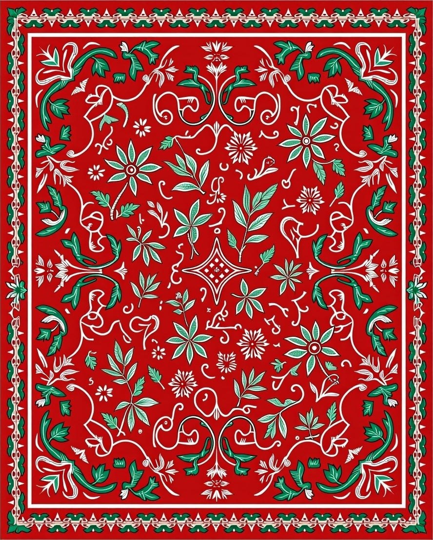 Crimson Green Leafy Floral Garland Rug