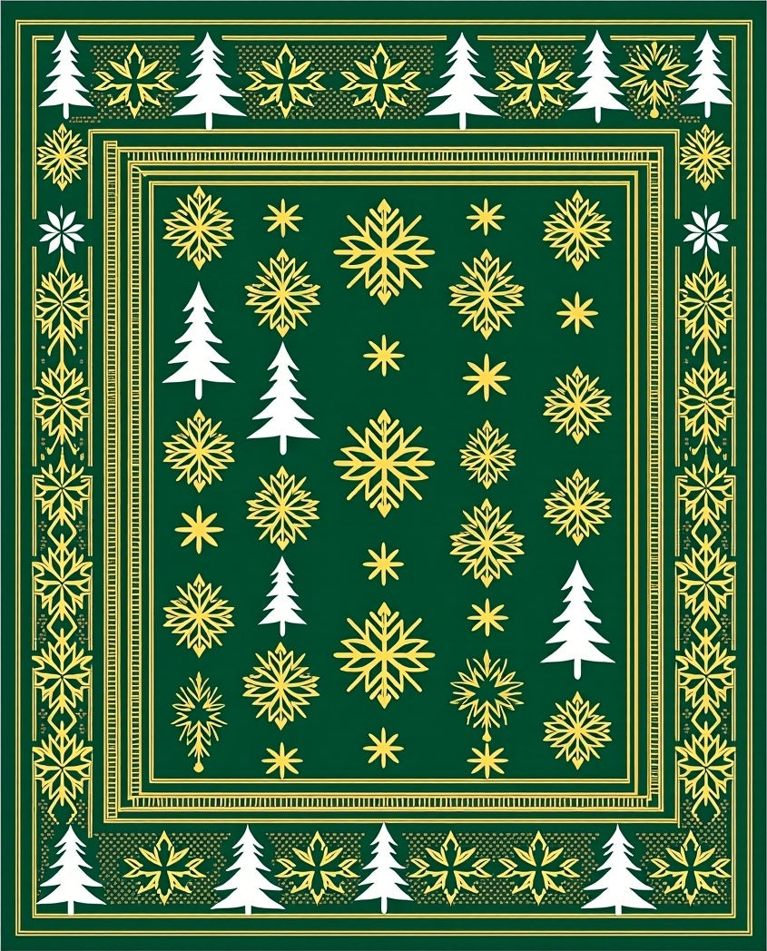 Green Yellow Snowflake Pine Tree Border Rug