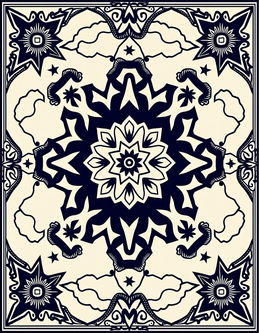 Dark Blue Starburst Mandala Cream Rug